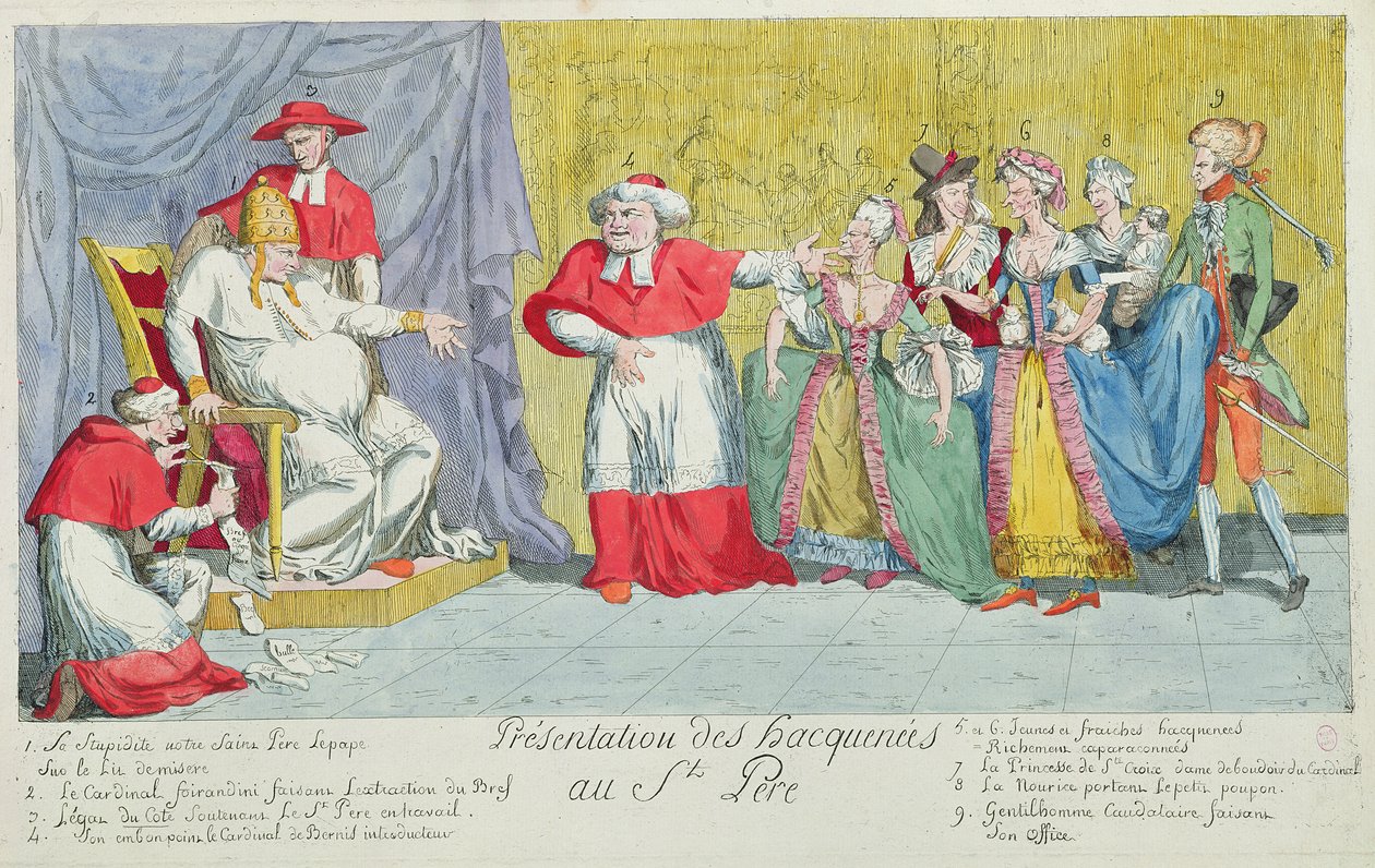 Apresentação das éguas ao Santo Padre, caricatura da introdução de Adelaide (1732-1800) e Victoire de France (1733-99) ao Papa, 17 de abril de 1791 de French School