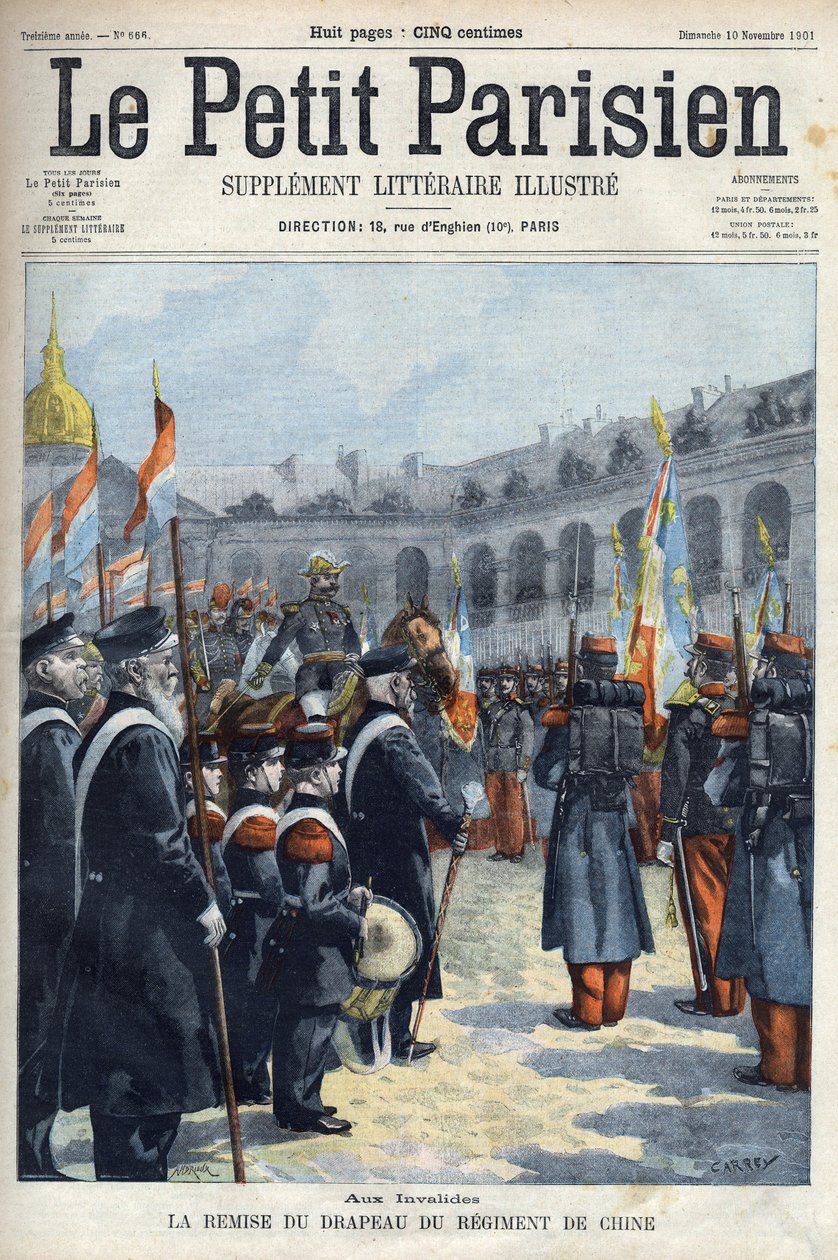 Apresentação da bandeira do Regimento da China pelo General Faure Biguet (Faure-Biguet) ao General Arnoux governador nos Inválidos em Paris, em " Le petit Parisien" 1901 (gravura) de French School