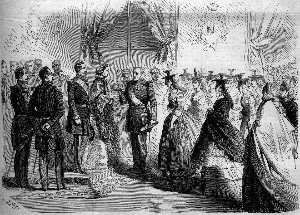 Apresentação a Napoleão III (1808-1873) e à Impress Eugenie (1826-1920) de doze Maconhes em traje de campo. Macon, Saone e Loire (71) de French School