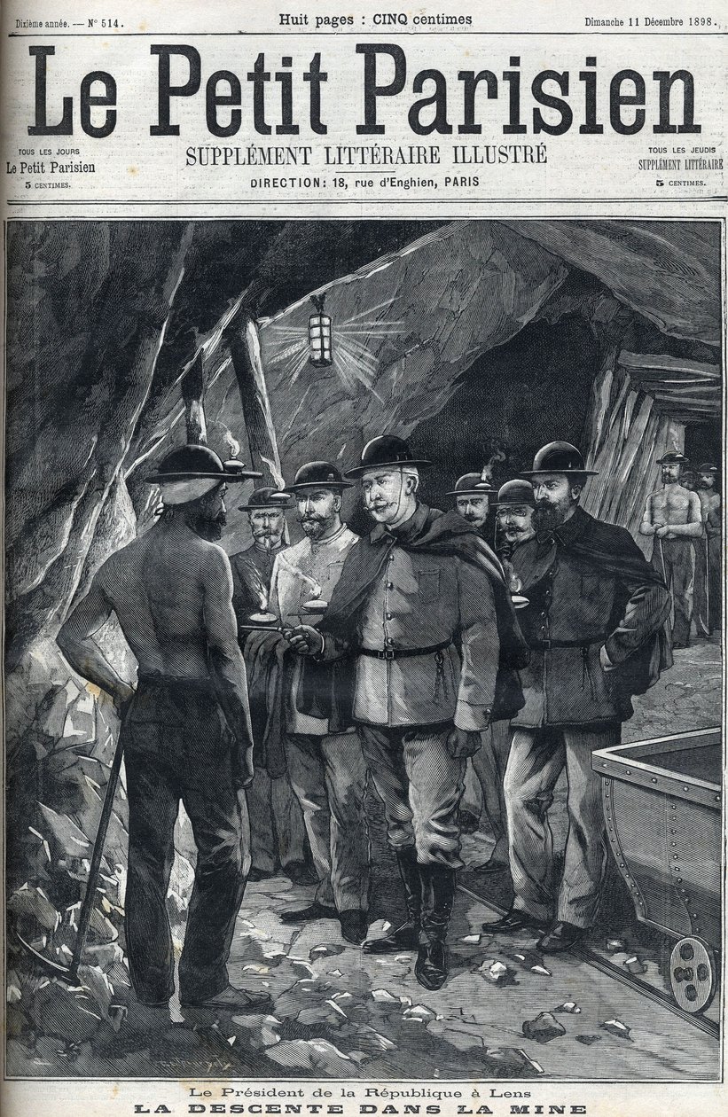 O Presidente da República Francesa Felix Faure visitou as minas de Lens em dezembro de 1898. Capa do jornal "Le petit Parisien". de French School