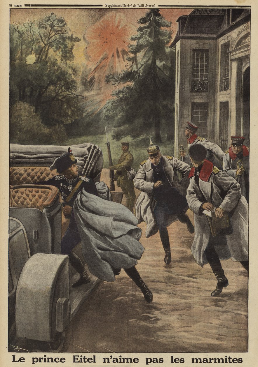 O príncipe Eitel Friedrich da Prússia, segundo filho do Kaiser Wilhelm II da Alemanha, foge em pânico quando o seu quartel-general no Chateau de Temple-la Fosse é bombardeado pela artilharia francesa durante a Batalha do Somme, Primeira Guerra Mundial de French School