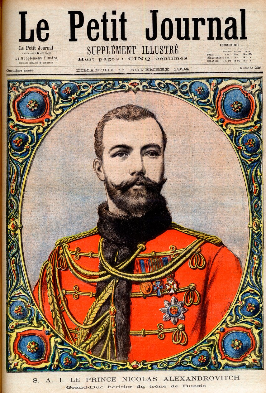 Príncipe Nicholas Alexandrovich, herdeiro do trono russo (futuro Imperador e Czar Nicholas II) Príncipe Nicholas Alexandrovich, Grão-Duque do Trono da Rússia. Ilustração para o Jornal Le Petit de French School
