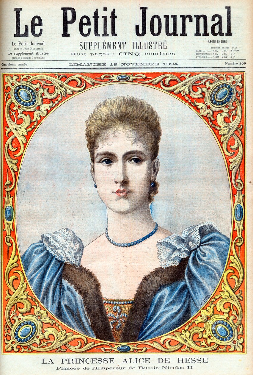 Princesa Alix de Hesse (Alexandra Feodorovna) (Alexandra Feodorovna Romanov) noiva do Czar Nicolau II da Rússia. Princesa Alice de Hessen e do Reno (1872-1918). Noiva do Imperador russo Nicolau II. Ilustração para Le petit Journal de French School
