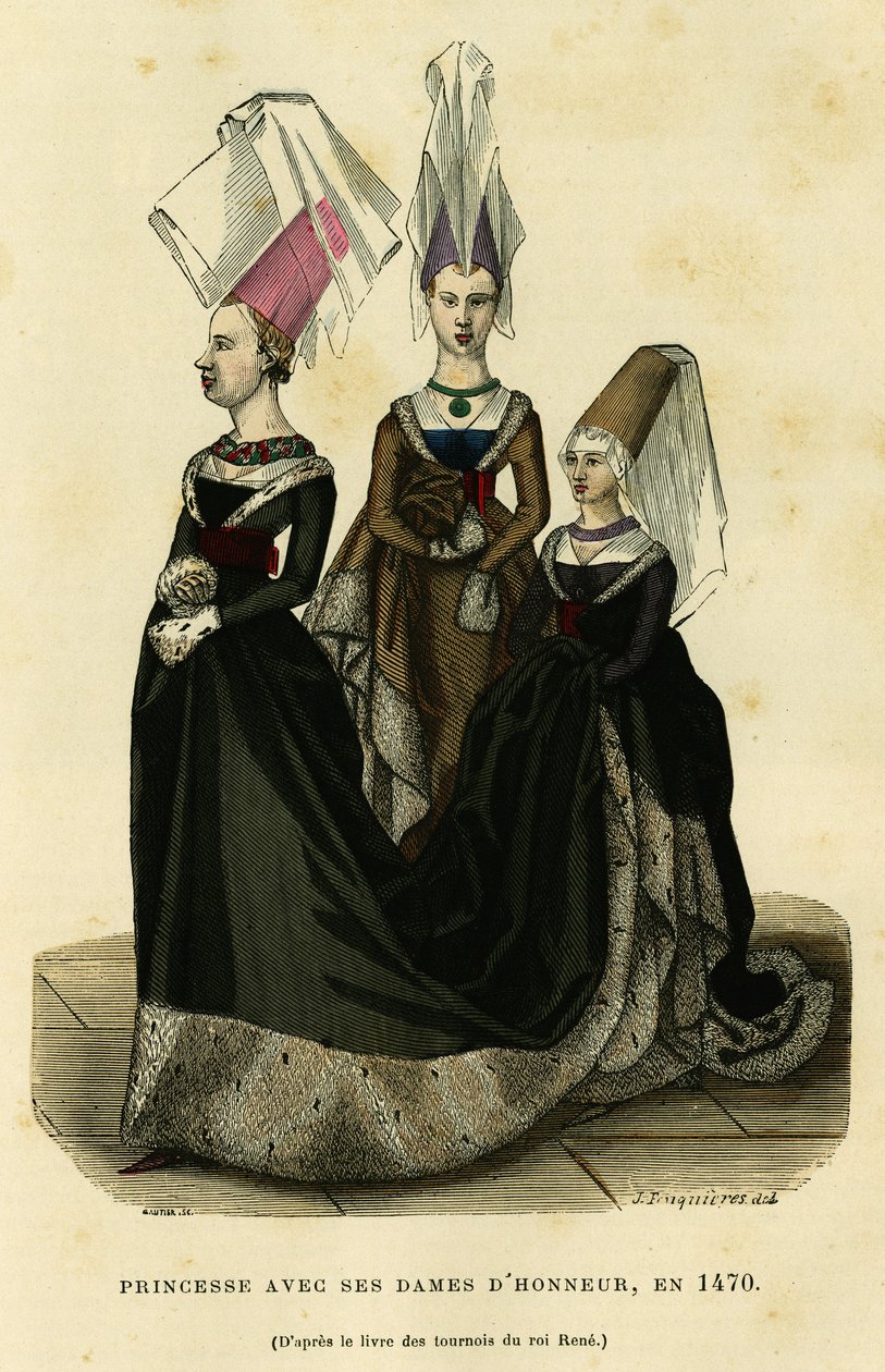 Princesa com as suas damas de honor, cerca de 1470. Gravura a cores segundo o livro dos torneios do rei René, em "France et les francais a travers les siecles" de Augustin Challamel, editor F.Roy, Paris 1882. Coleção Selva. de French School