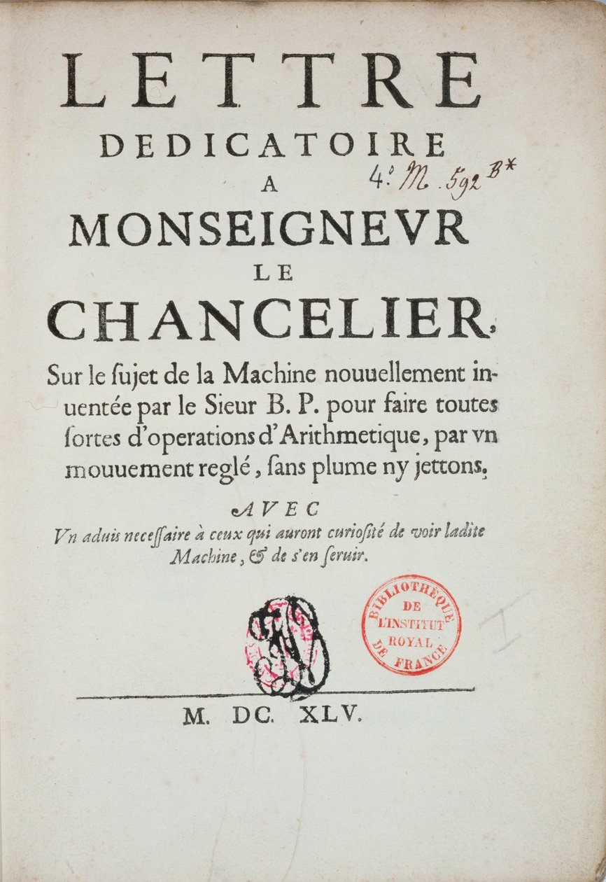 Carta dedicatória impressa sobre a invenção da máquina de calcular por Blaise Pascal (1623-62) 1645 de French School