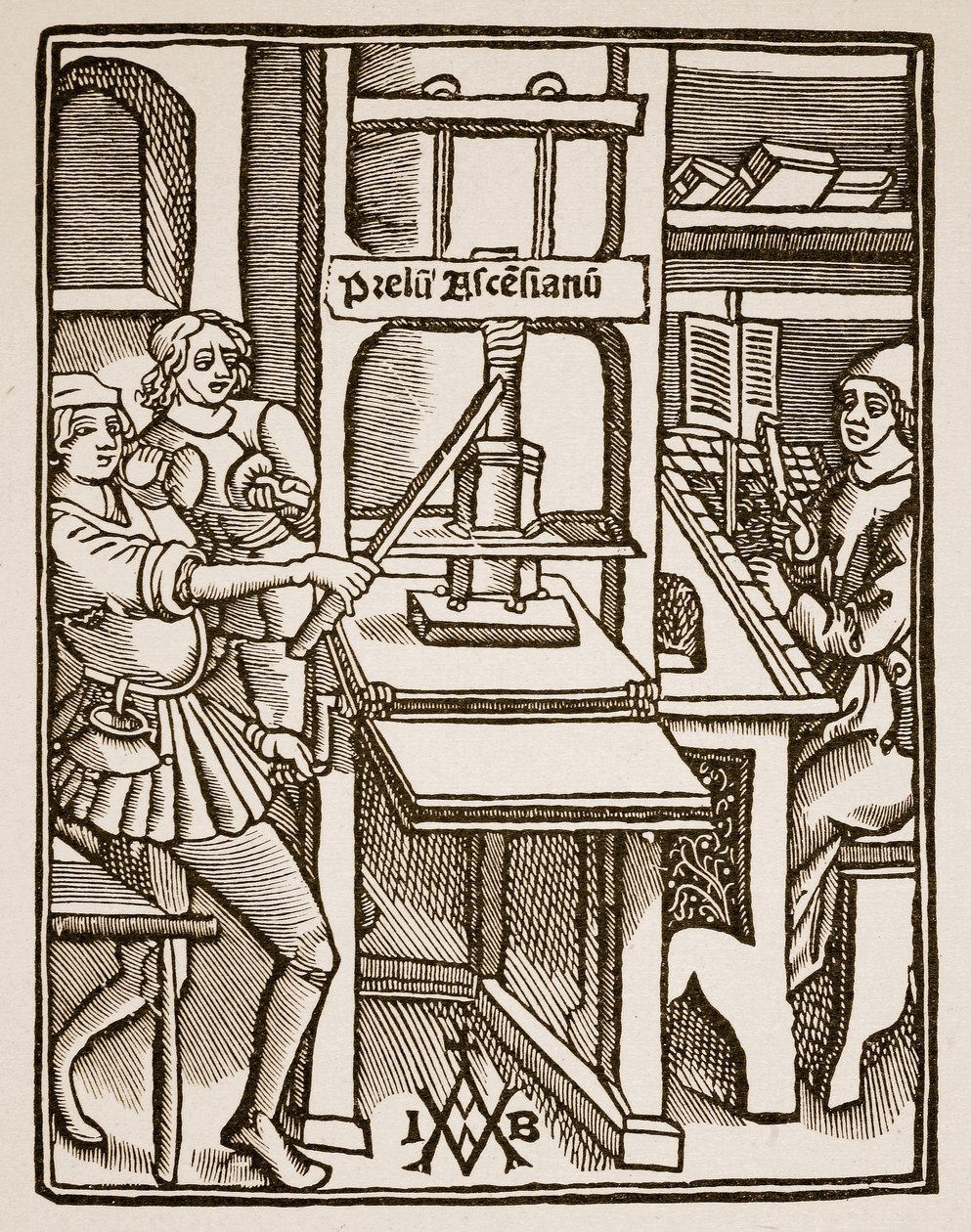 Imprensa, página de título de Hegesippus, impresso por Jodocus Badius Ascensius, Paris, 1511 (foto sépia) de French School