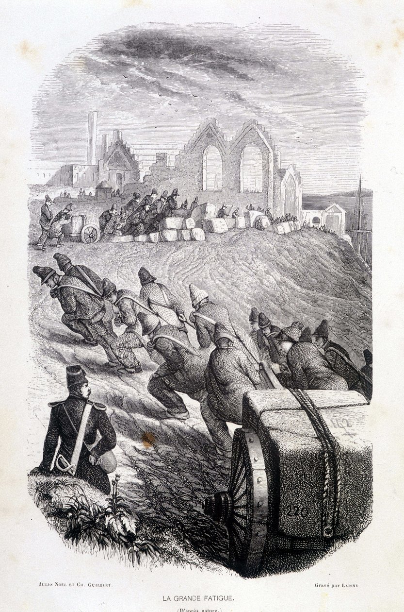 Prisioneiros puxando blocos de pedra de pedreira, "Les Bagnes: histoire, types, moreurs, mystère" de maurice Alhoy, ed. Gustave Havard de French School