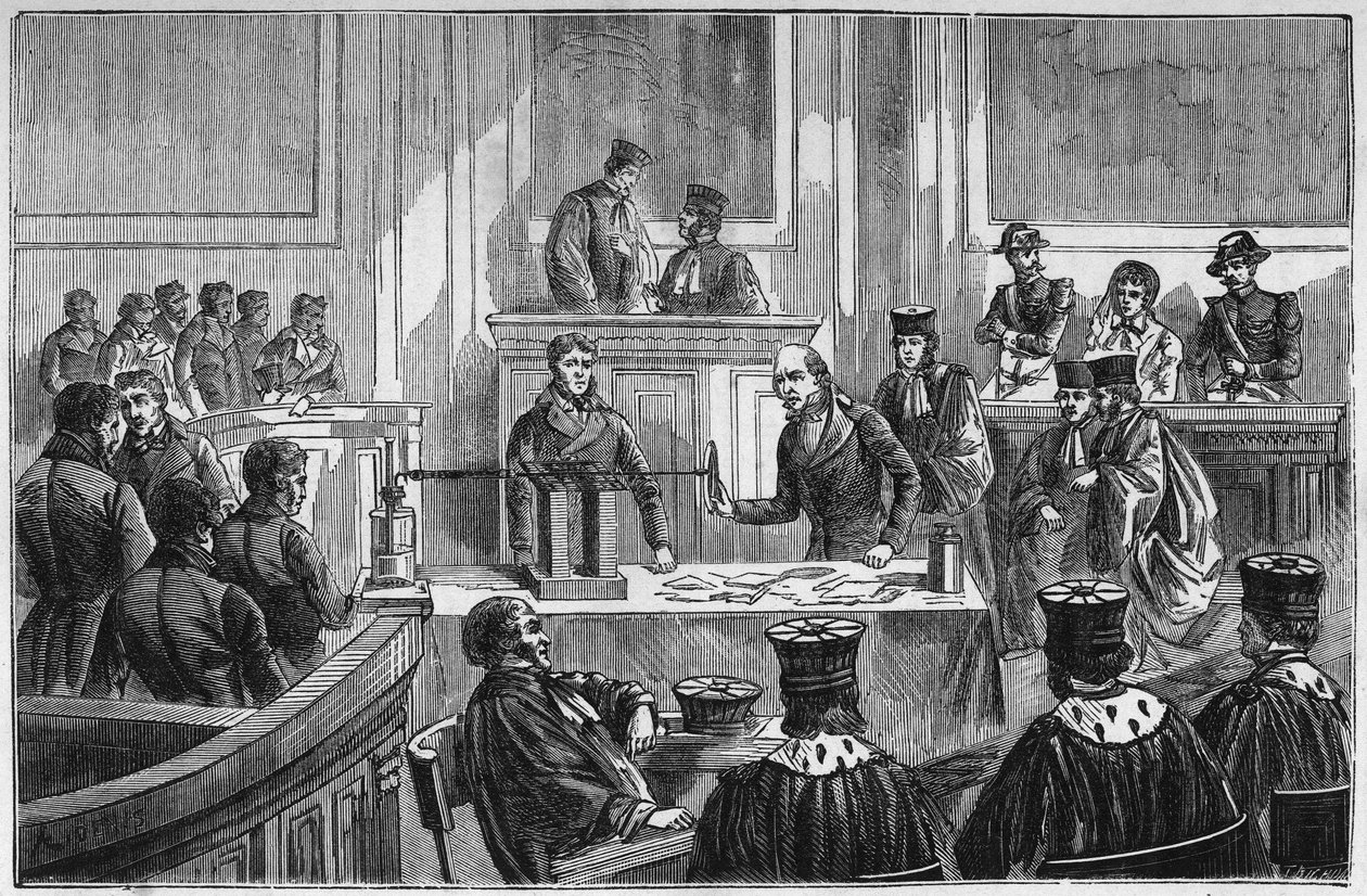 Procesos de Marie Fortunee Capelle (1816-1852), conhecida como Marie Lafarge, uma criminosa francesa condenada pelo assassinato de seu marido em 1840 - Gravura em "Ciências disponíveis para todos - física e química" por Alexis Clerc - Final do século XIX - de French School