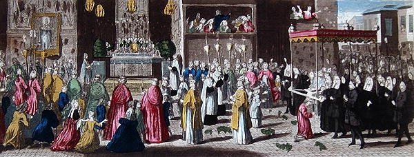 Procissão durante a Fete-Dieu em Paris (gravura colorida) de French School