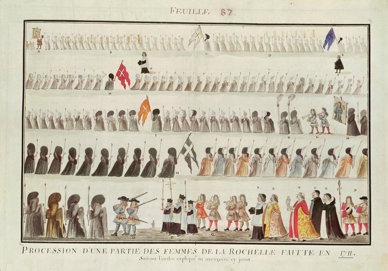 Procissão de um grupo de mulheres de La Rochelle, 1711 de French School