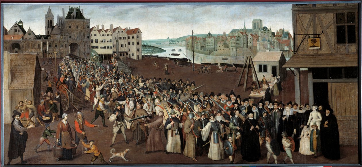 Procissão da Liga na Place de Greve deixando a Arcada de Saint Jean em Paris Pintura da École francaise. 1590 Sol. 1x2,12 m Paris, Musee Carnavalet - Procissão da Liga na Place de Greve deixando a Arcada de Saint Jean em Paris. Pintura de de French School
