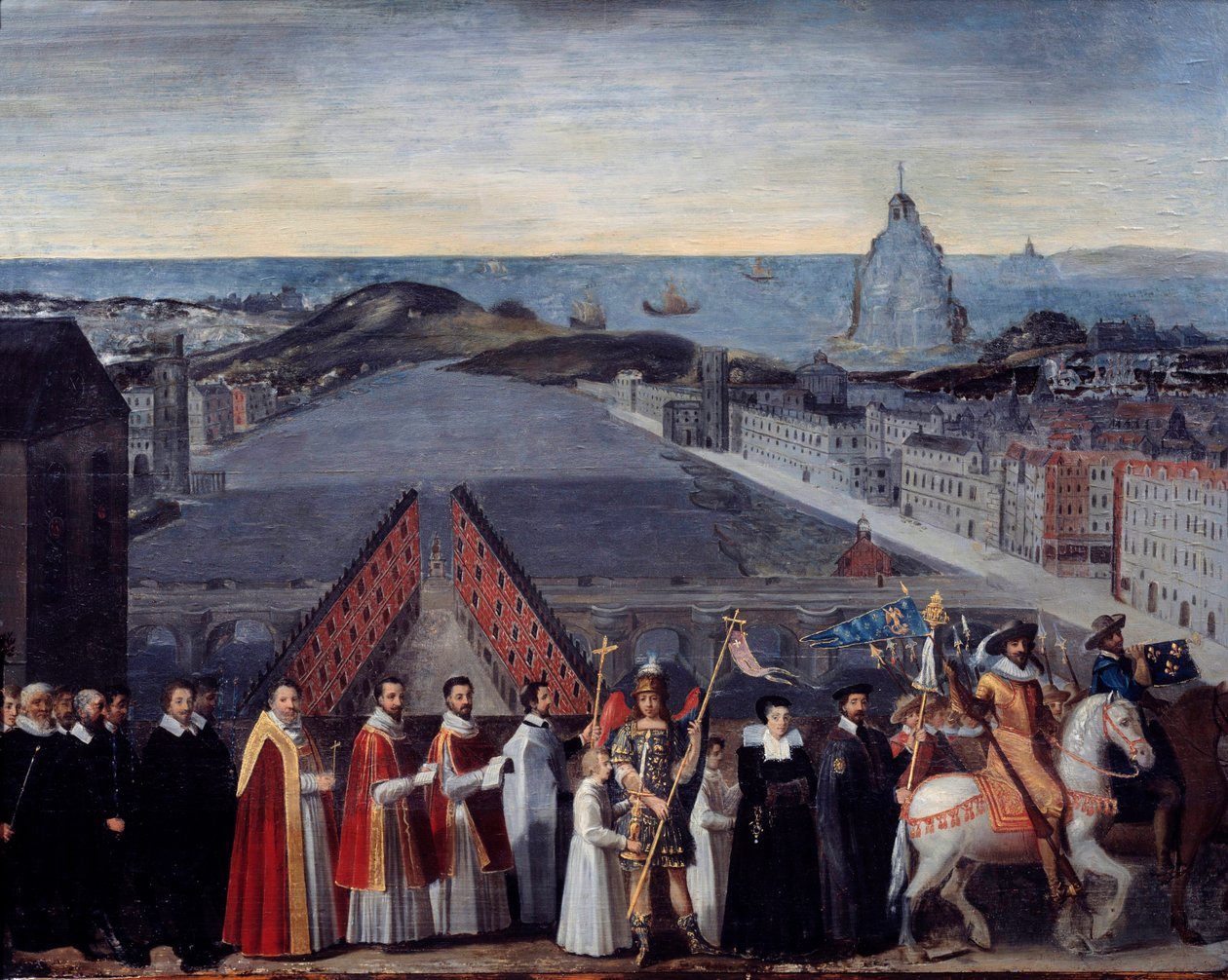 Procissão da compota parisiense dos pelerins de Saint Michel du Mont sur le Pont Neuf Anonymous pintura. Século XVII. Dim 0,80 x 1,05 m Paris, Musee Carnavalet de French School