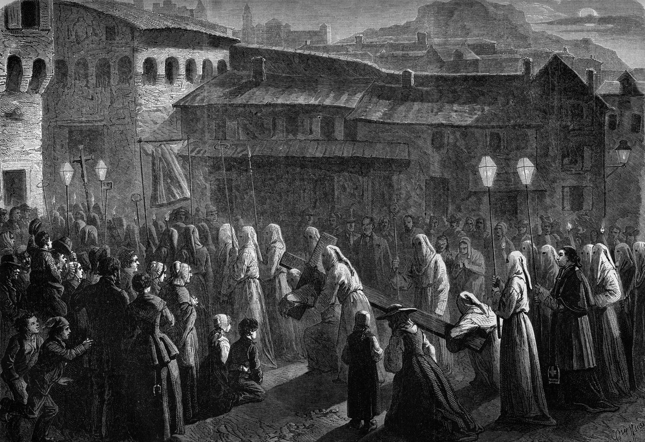 Procissão dos Penitentes de Confalais, compota religiosa do sul da França em Puy en Velay, Haute Loire (43) de French School