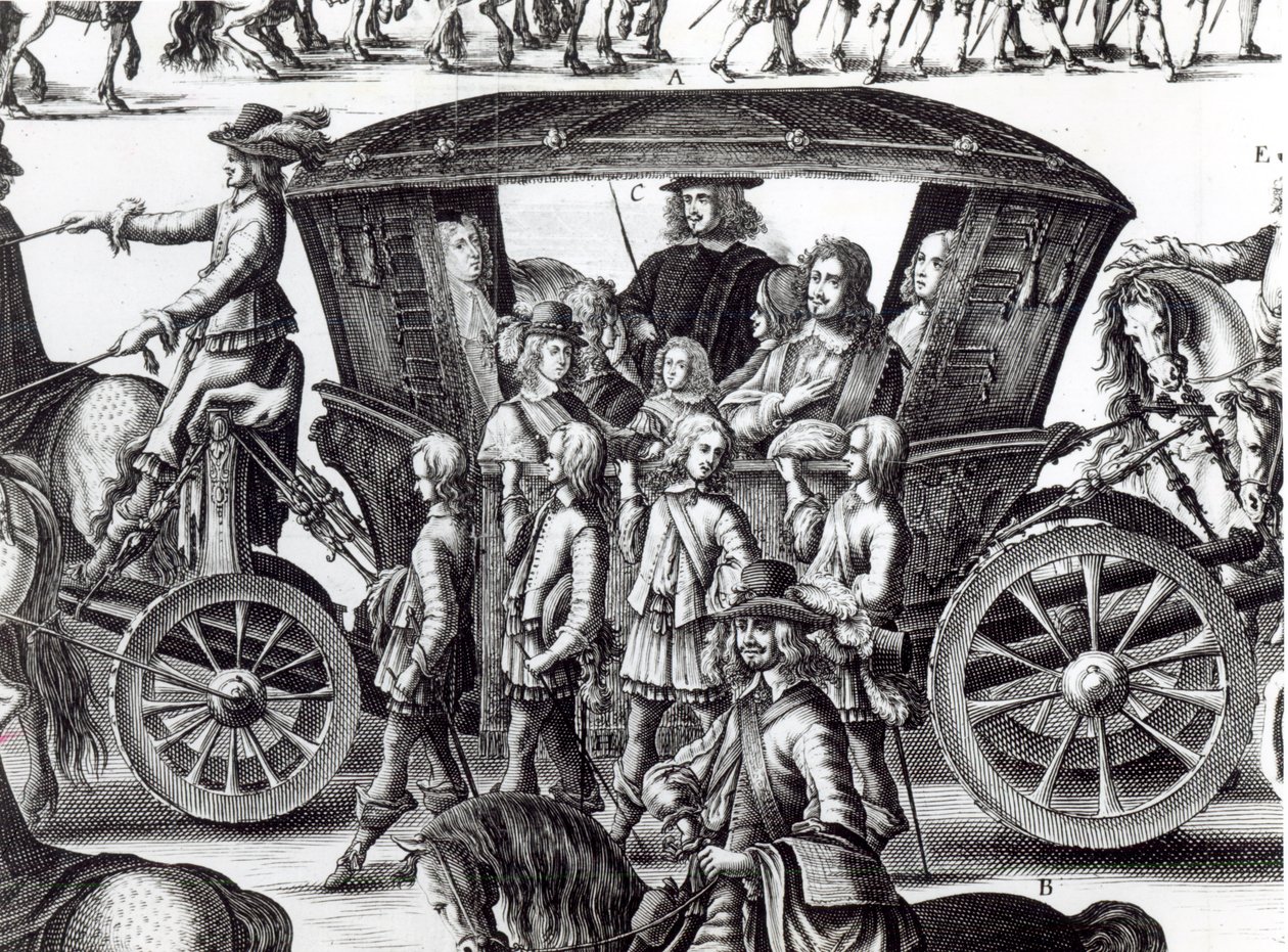 Procissão da entrada do jovem rei Luís XIV como uma criança na cidade de Paris em 18 de agosto de 1649, detalhe de French School