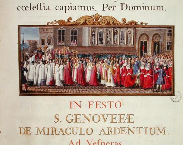 Procissão do relicário de Santa Genevieve, de um manuscrito para uma missa dedicada a Santa Genevieve de French School