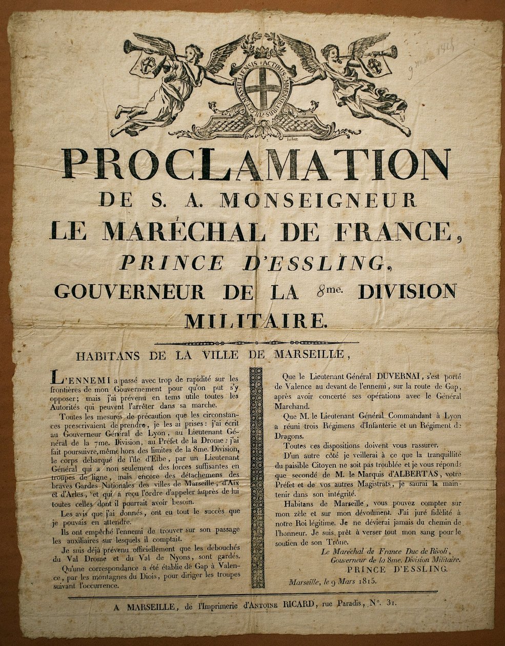 Proclamação aos habitantes da cidade de Marselha, datada de 9 de Março de French School