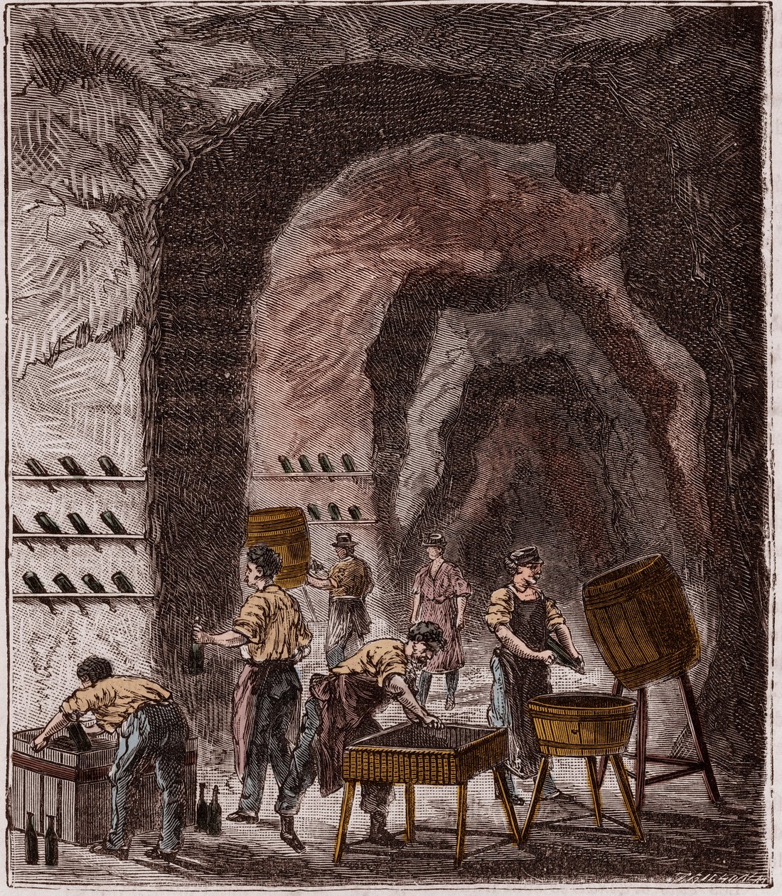 Produção de champanhe - Fabrication du Champagne - Gravura em "Sciences made available to everyone - physics and chemistry" por Alexis Clerc - Final do século XIX - Colecção privada de French School