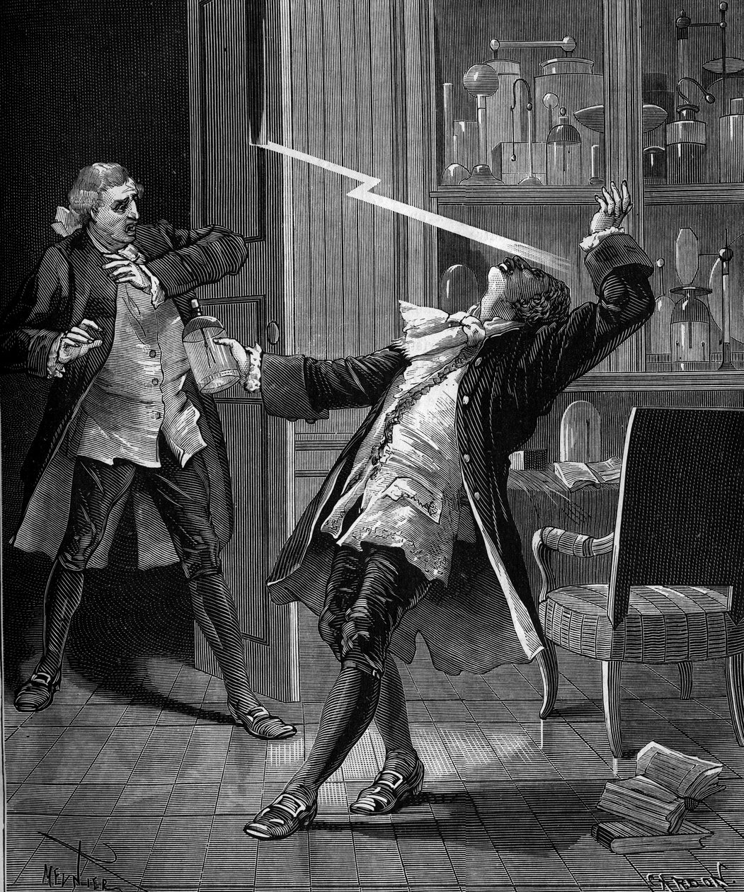 O Professor Georges Guillaume Richmann (1711-1753) morreu na sua oficina após uma experiência com um electrómetro de French School