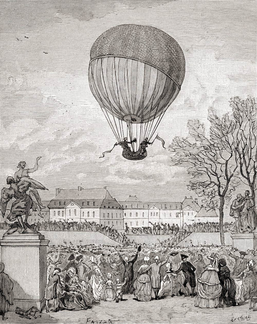 O Professor Jacques Charles e Nicolas-Louis Robert pilotam o primeiro balão de hidrogénio tripulado do mundo em 1 de Dezembro de 1783 nos Jardins de Tuilleries, Paris, do 