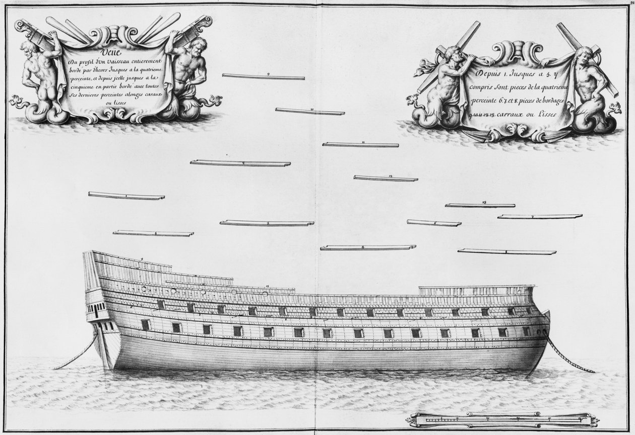 Perfil de um navio inteiramente planked, ilustração do &39;Atlas de Colbert&39;, placa 32 (lápis und wc no papel) (bw foto) de French School