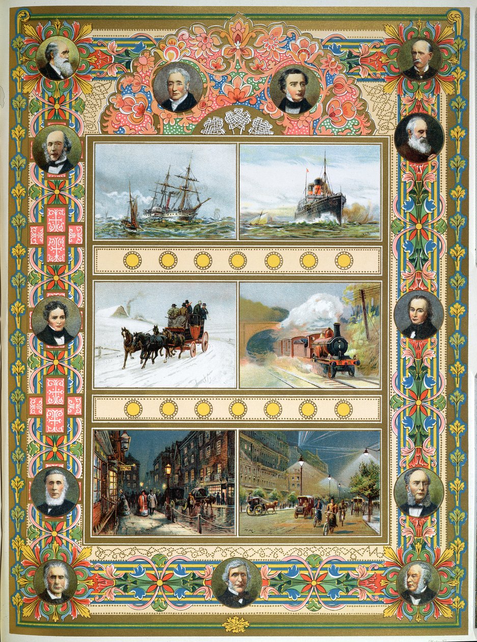 Progresso durante o reinado da rainha Vitória (1819-1901). Navios à vela, navios a vapor, trem a vapor e iluminação pública a gás e elétrica, 1887 de French School