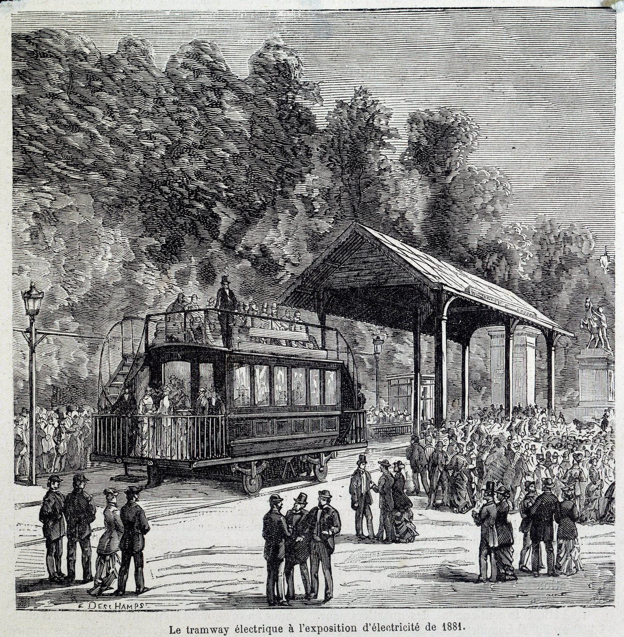 Progresso no transporte: o bonde elétrico exibiu eletricidade em 1881. Gravura do século XIX de French School