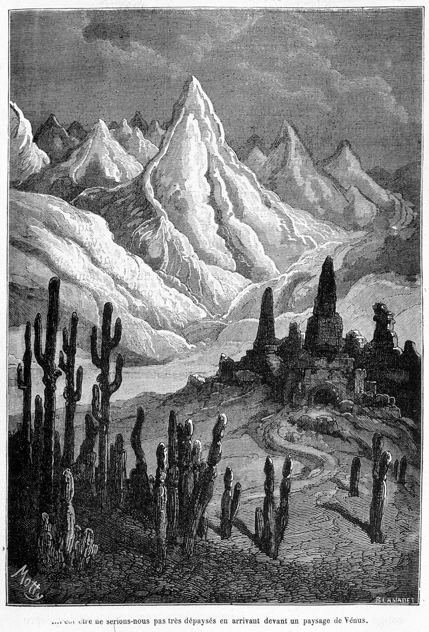 Projeção imaginária de uma paisagem Vênus - em "Les terres du ciel" de Camille Flammarion, ed. Marpon & Flammarion, Paris de French School