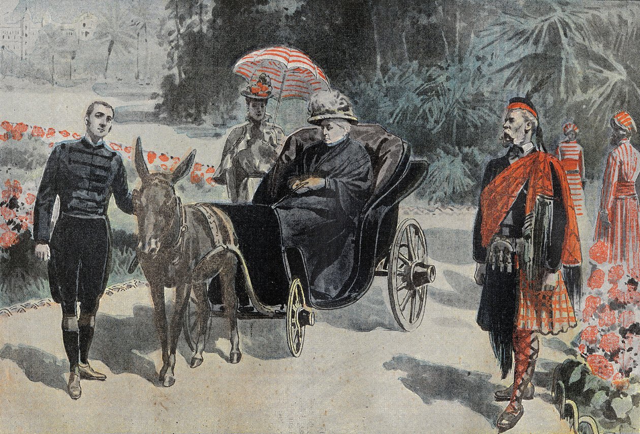 Promenade de Victoria I (1837-1901) Rainha de Inglaterra, no parque do Hotel Cimiez, perto de Nice. Gravura em "Le Pelerin" 26/03/1899. de French School