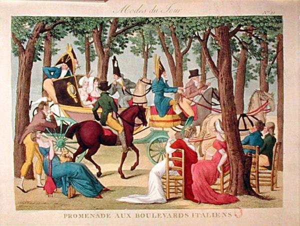 Promenade on the Boulevard des Italiens in Paris, início do século XIX (gravura colorida) de French School