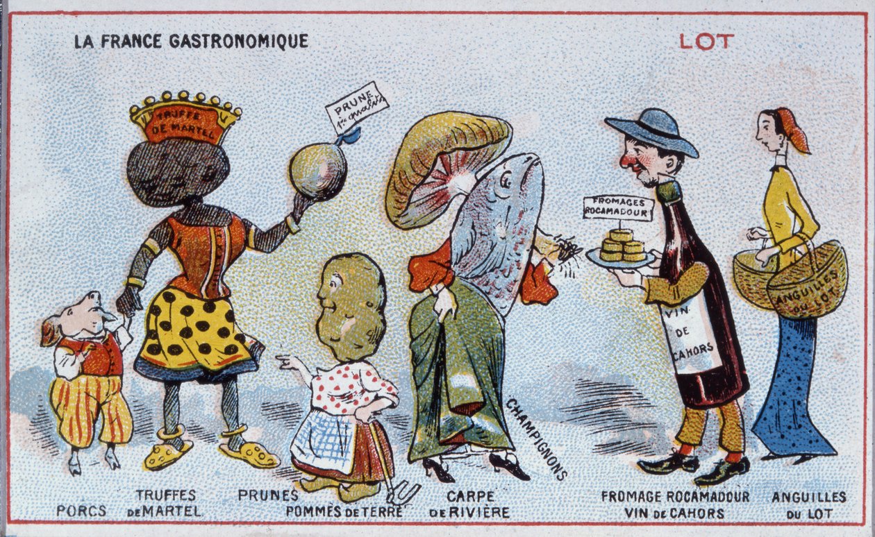 Cartão promocional e educativo que descreve as especialidades alimentares da região do lote, c.1910 de French School
