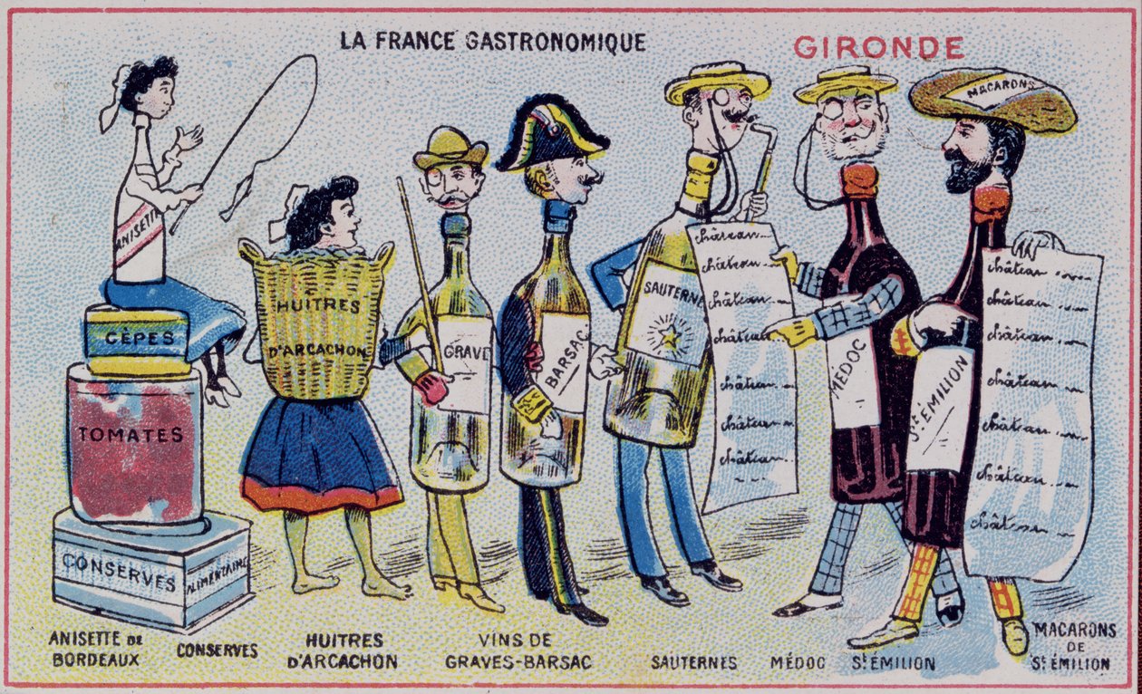 Cartão promocional e educativo para crianças representando especialidades alimentares da região de Gironde. c.1910 de French School