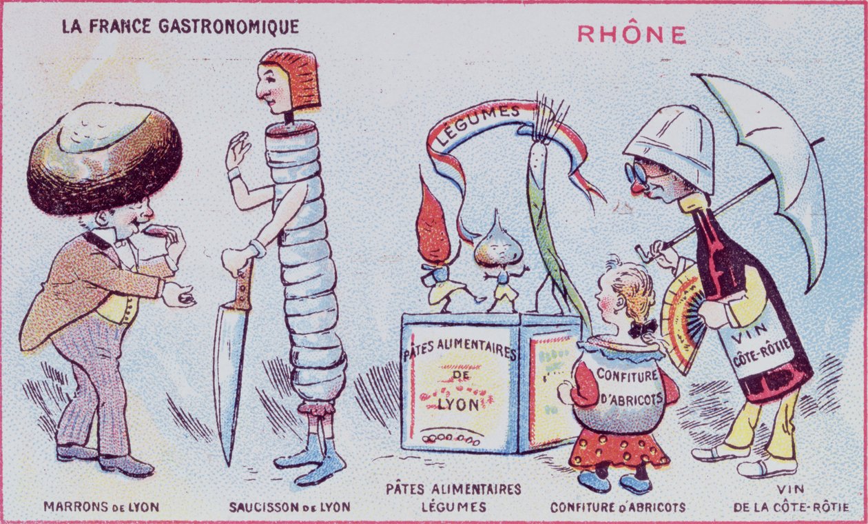 Cartão promocional e educacional para crianças de especialidades alimentares da região do Ródano, c.1900 de French School