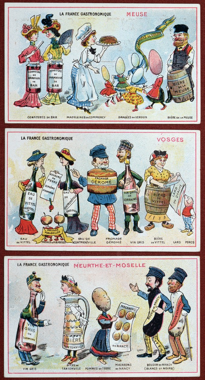 Cartões promocionais e educativos para crianças que retratam as especialidades gastronômicas da região da Lorena, c.1910 de French School