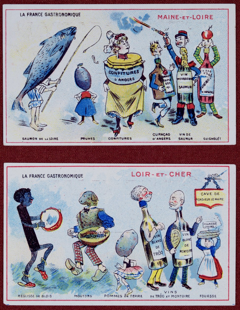 Cartões promocionais e educativos para crianças que retratam as especialidades gastronômicas das regiões Maine-et-Loire e Loir-et-Cher, c.1910 de French School