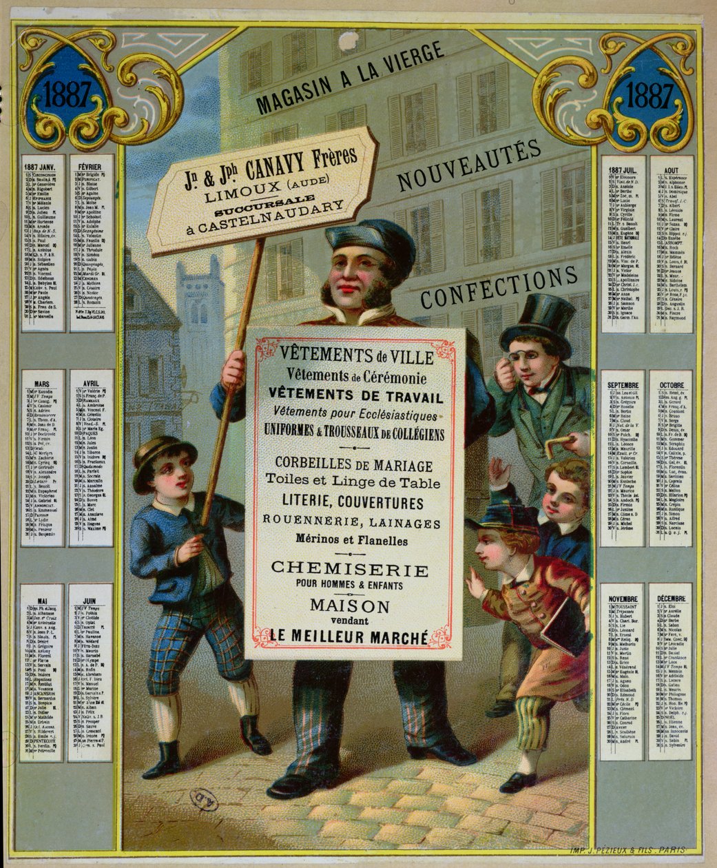Calendário promocional para 1887 publicidade Canavy Freres alfaiates e armarinhos, c.1886 de French School