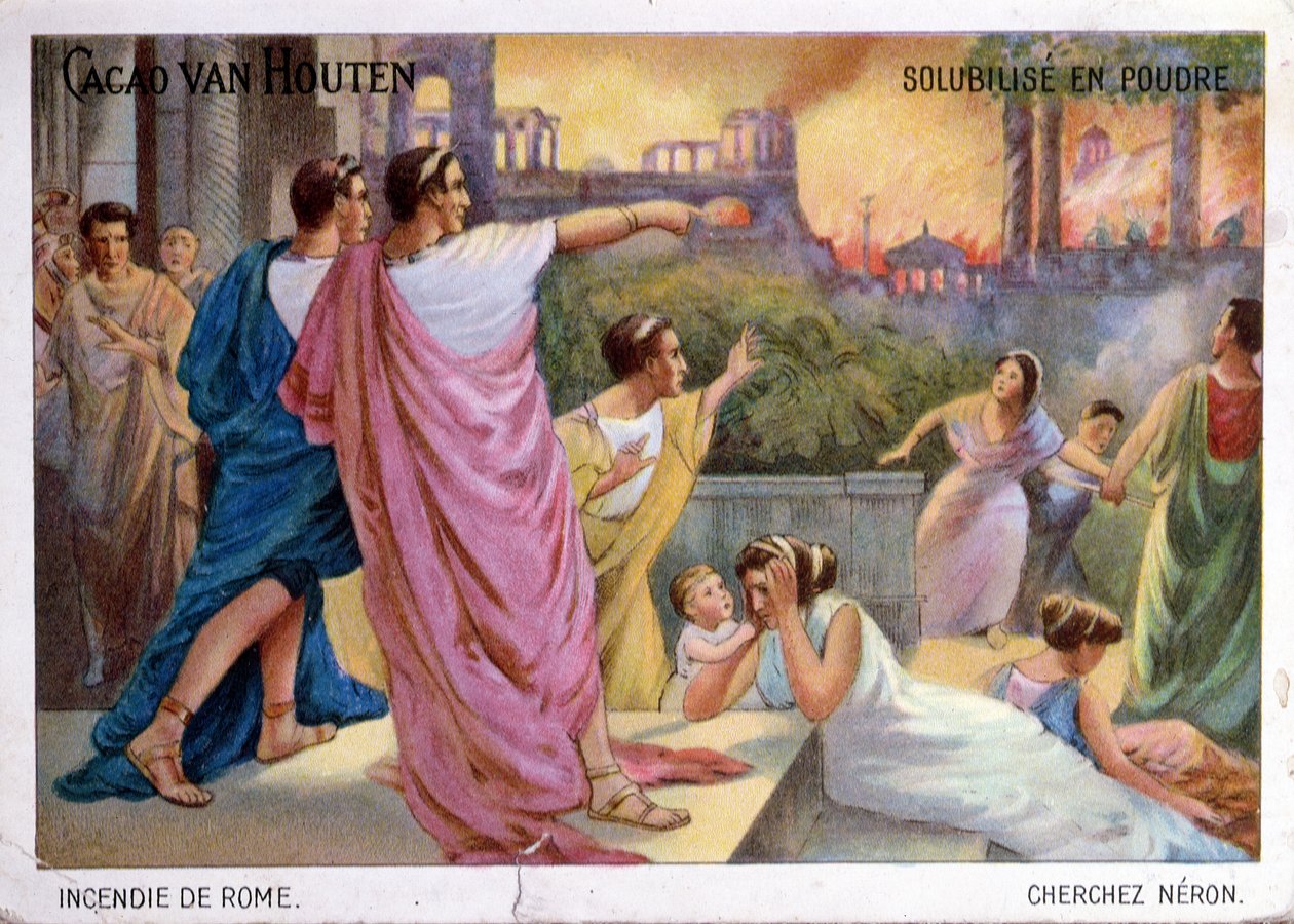 Cartão promocional para Cacao van Houten bebendo chocolate ilustrando a queima de Roma em 64 dC, c.1910 de French School