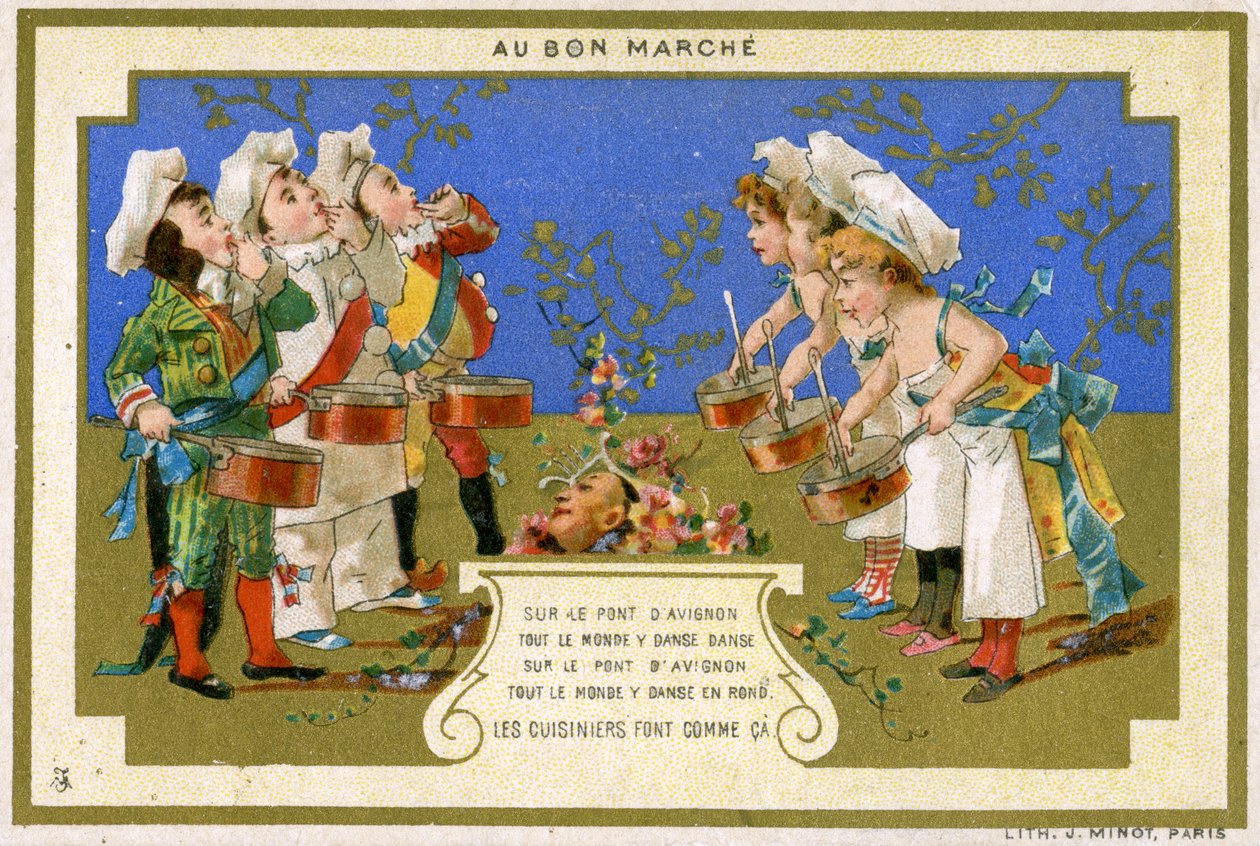 Cartão promocional para a loja de departamento parisiense Au Bon Marché, retratando cozinheiros dançando na ponte em Avignon, c.1895 de French School