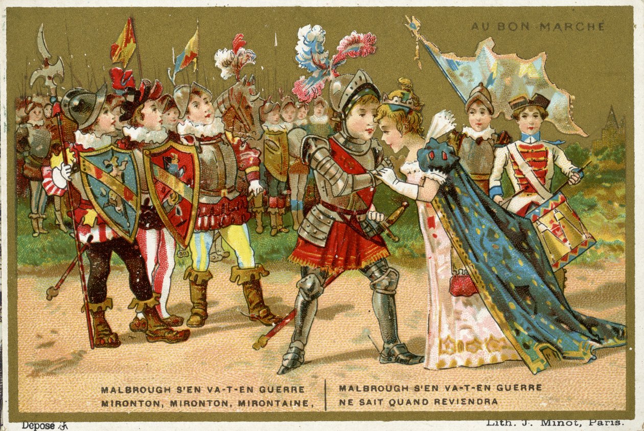 Cartão promocional para a loja de departamentos parisiense Au Bon Marché, representando uma das canções folclóricas e infantis mais populares da língua francesa Marlbrough sen va-t-en-guerre (Marlborough deixou de French School