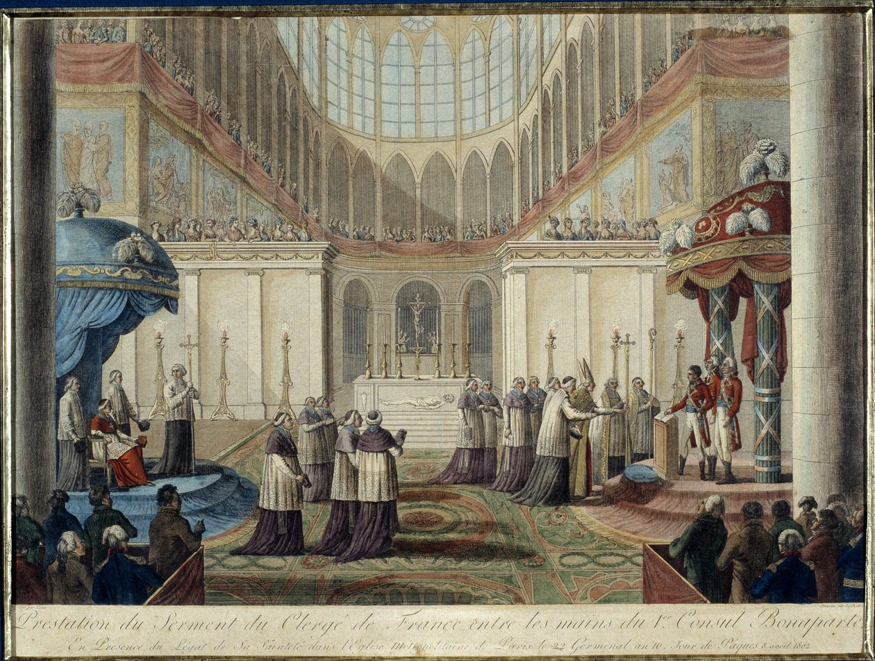 Promulgação da Concordata de 1801: juramento do porteiro da França nas mãos do 1º Cônsul Bonaparte, na presença do legatário de Sua Santidade na Igreja Metropolitana de Paris no 22º ano germinal 10, dia de Páscoa 8 de Abril de 1802 de French School