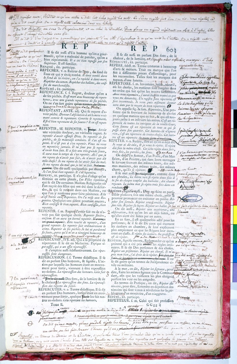 Página de prova com correções de uma edição do dicionário da Academia Francesa (tinta no papel) (ver também 179945) de French School