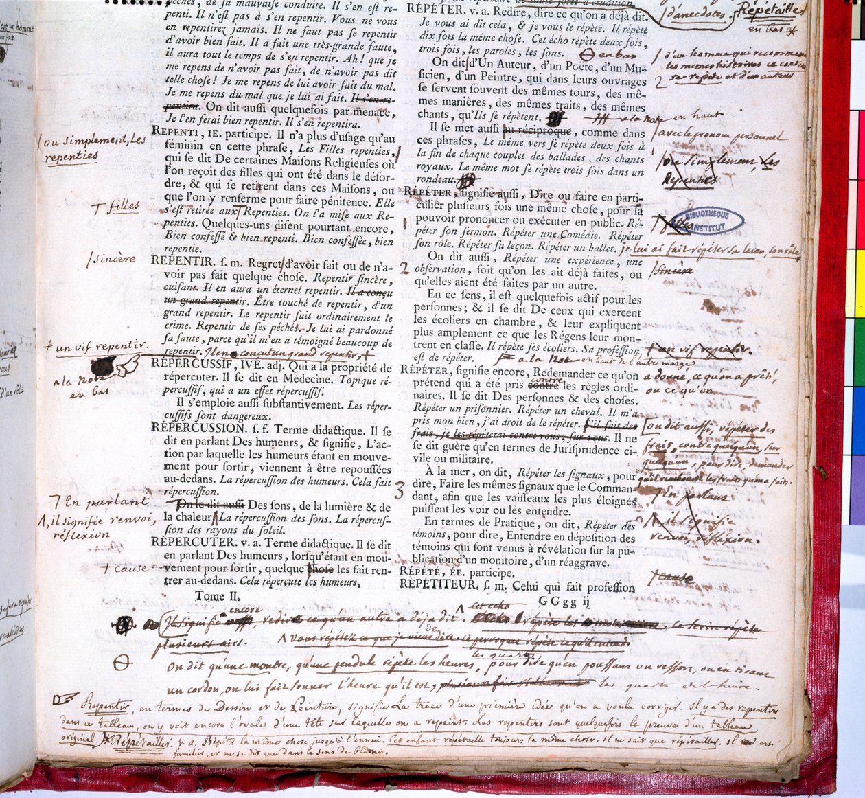 Página de provas com correções de uma edição do dicionário da Academia Francesa (tinta sobre papel) (detalhe de 179941) de French School