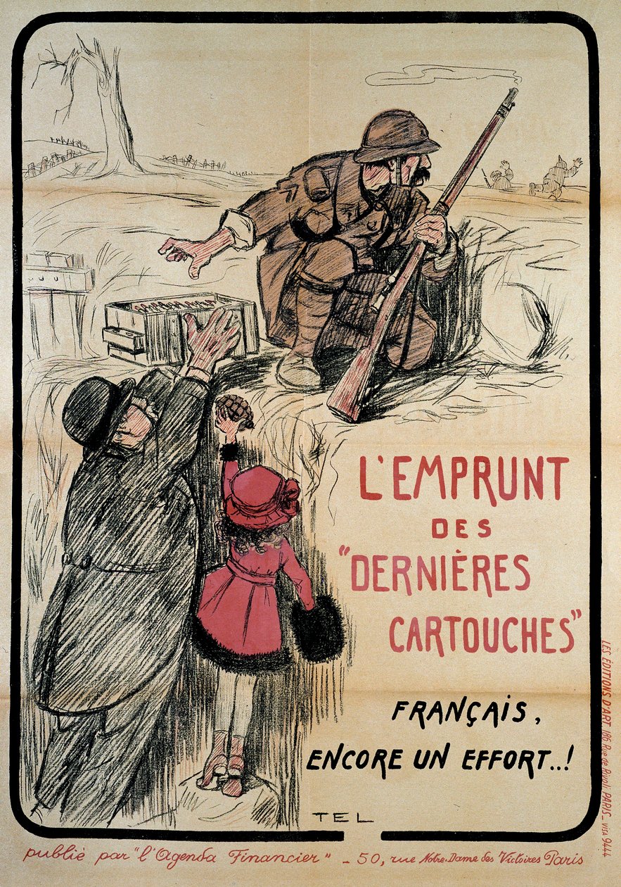 Cartaz de propaganda durante a Primeira Guerra Mundial: "pedindo emprestados os últimos cartuchos, o francês ainda é um esforço", século 20. Coll. Vamos lá. de French School