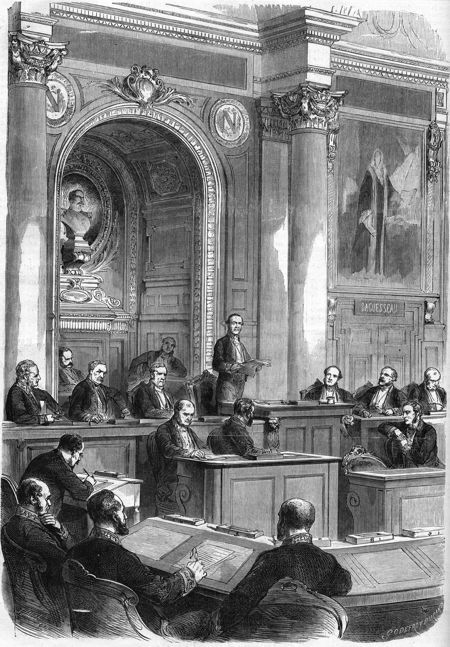 Prosper de Chasseloup-Laubat (Chasseloup Laubat) (1805-1873) toma posse como Presidente do Conselho de Estado no grande salão do Palácio Quai d