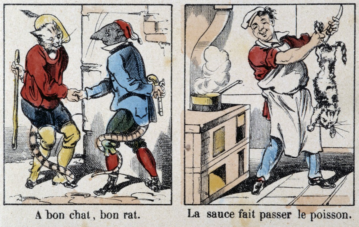Provérbios em imagens de Epinal: "Um bom gato, um bom rato" e "O molho passa o peixe" - imagem de Epinal, n.d. de French School