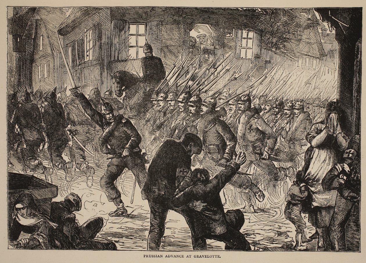 Avanço prussiano em Gravelotte, ilustração de Cassells História da guerra entre a França e a Alemanha, 1870-1871 de French School