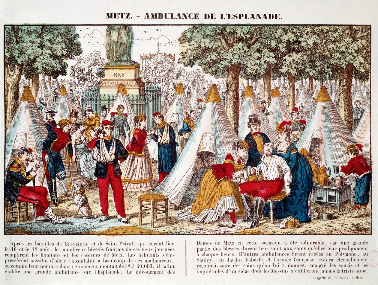 Guerra Prussiana: uma ambulância instalada na esplanada para tratar os feridos em 1870 em Metz (gravura) de French School