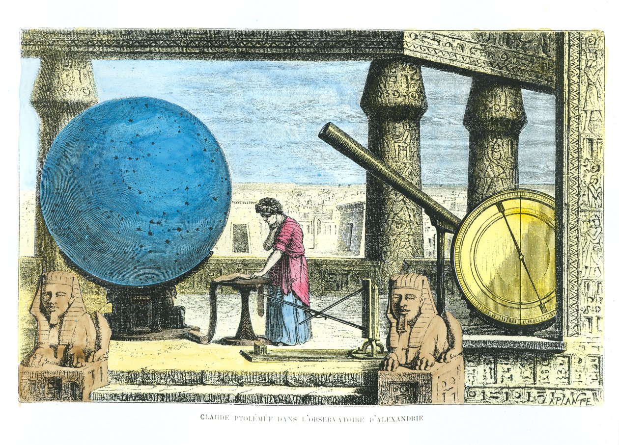 Ptolomeu (c.90-168) (Claudius Ptolemaeus) no Observatório de Alexandria, de La Vie des Savants Illustres de Louis Figuier (posteriormente coloração) de French School