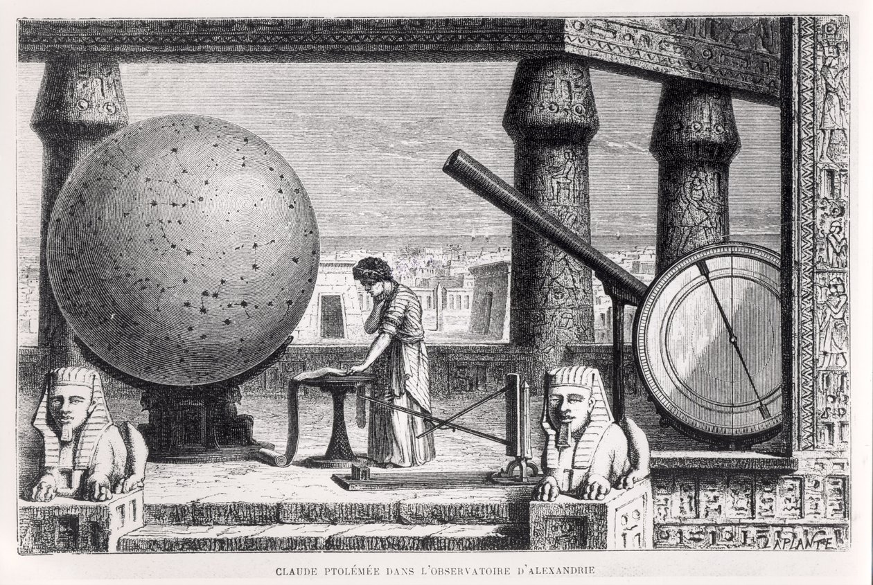Ptolomeu (c.90-168) (Claudius Ptolemaeus) no Observatório de Alexandria, de The Life of the Illustrious Scientists, de Louis Figuier de French School