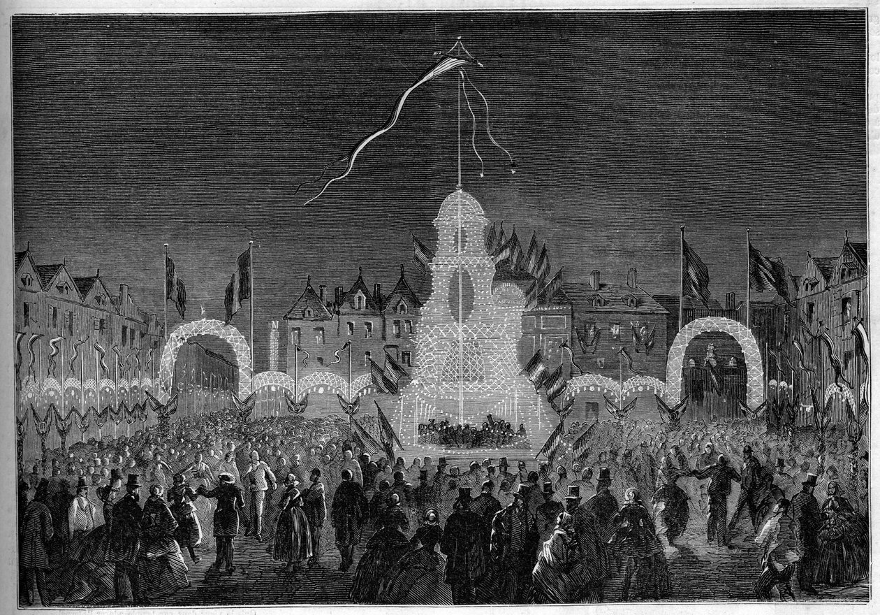 Iluminações e danças públicas para a festa de 15 de agosto. Abbeville, Somme (80) de French School