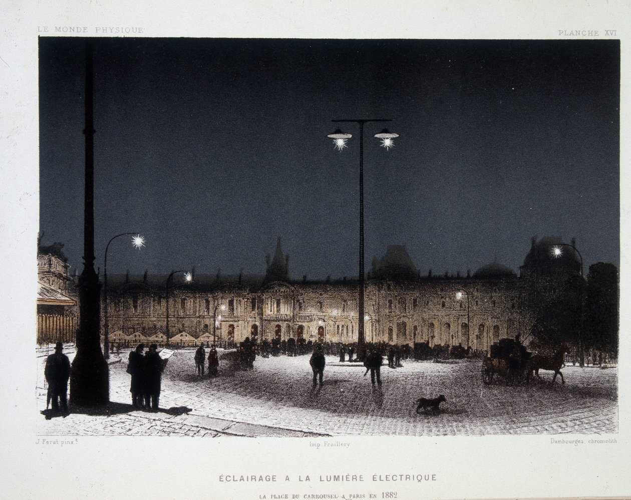Iluminação pública com luz eléctrica no place du carrousel em Paris 1883 - em "Magnetismo e Electricidade" de Amedee Guillemin de French School